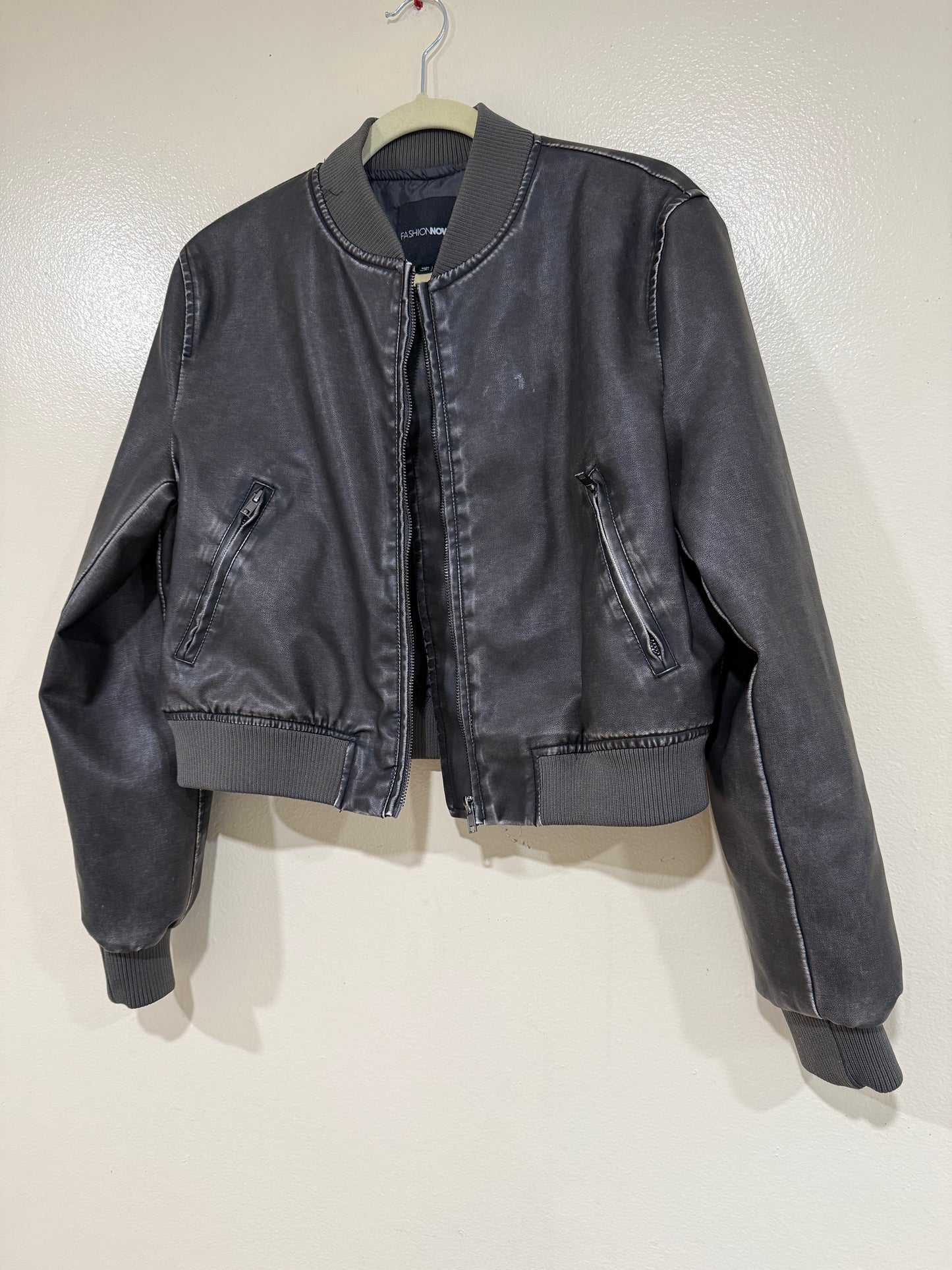 woman's charcoal leather jacket